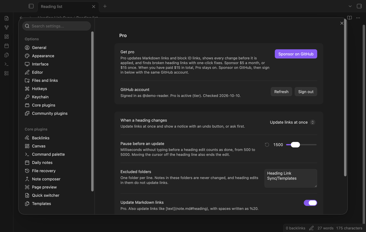 Settings with the Pro section, the update mode, the pause, the excluded folders and the two Pro switches
