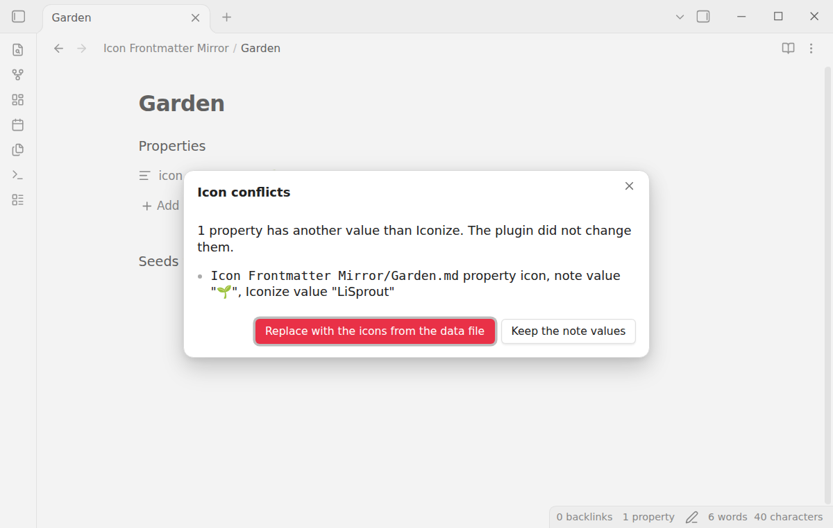 The conflict list shows Garden.md with the note value and the Iconize value