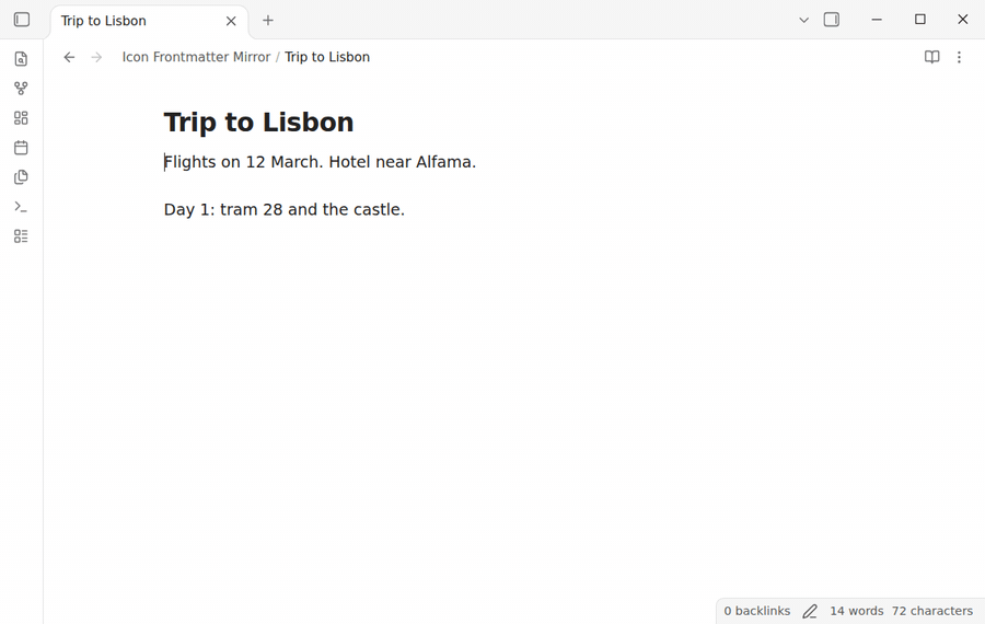 A note without an icon property, then the same note with icon LiPlane after the Iconize data changes