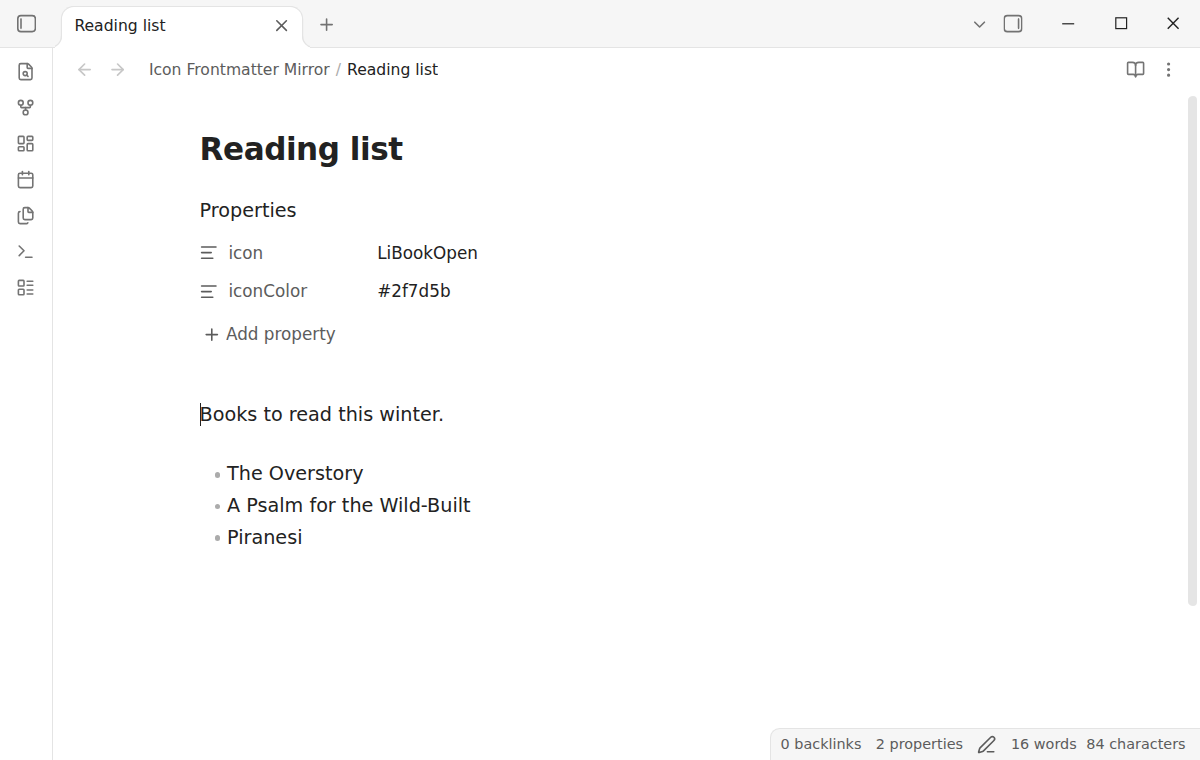 A note in Live Preview with the icon LiBookOpen and the color in its properties