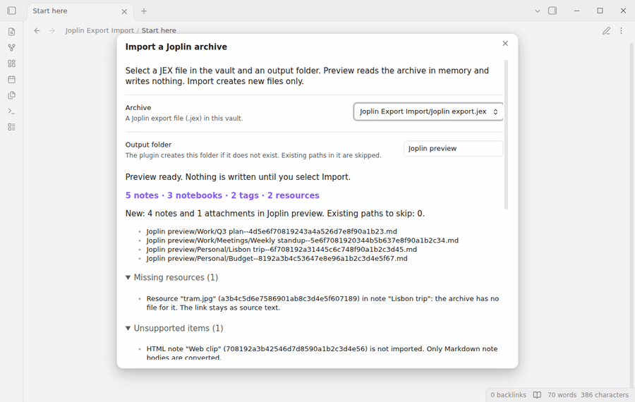 Preview a Joplin archive, import it, then read a linked note and a note with an embedded sample image