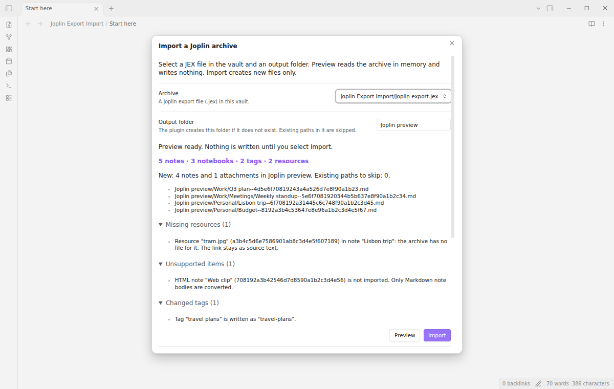 The import window with the archive counts, the output paths and the report lists