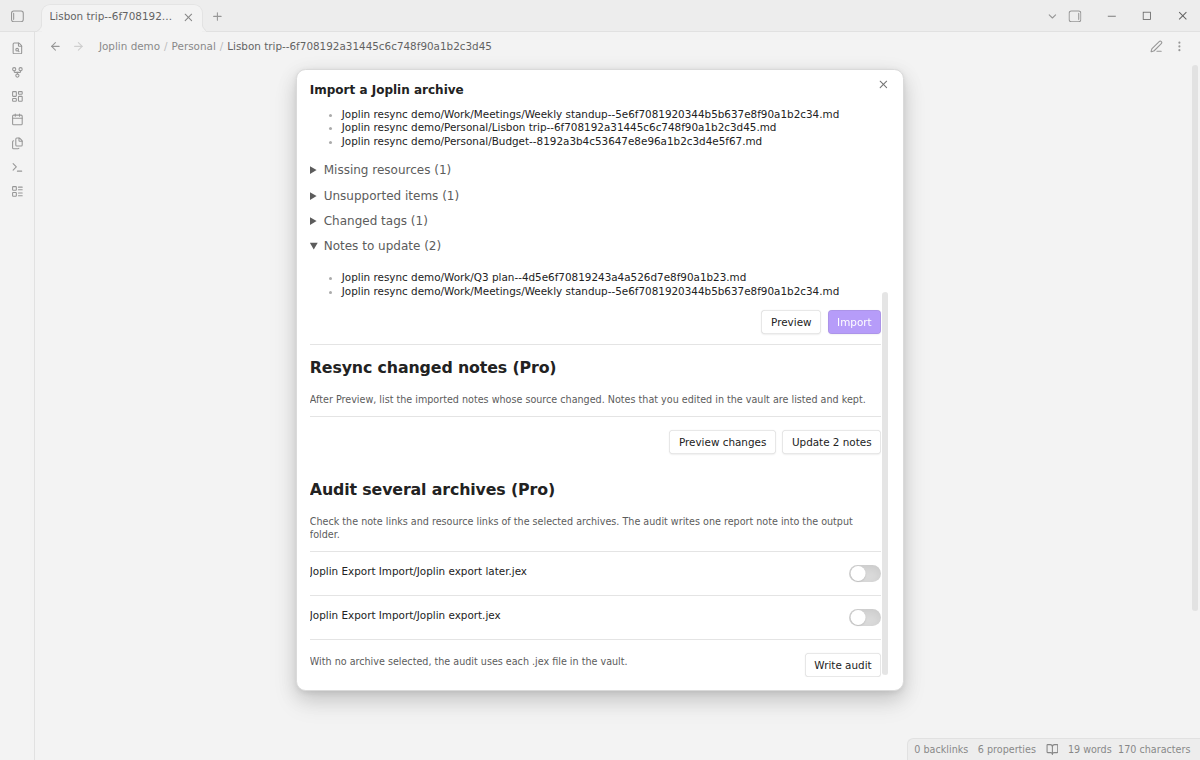 The Pro resync list of changed notes from a later archive