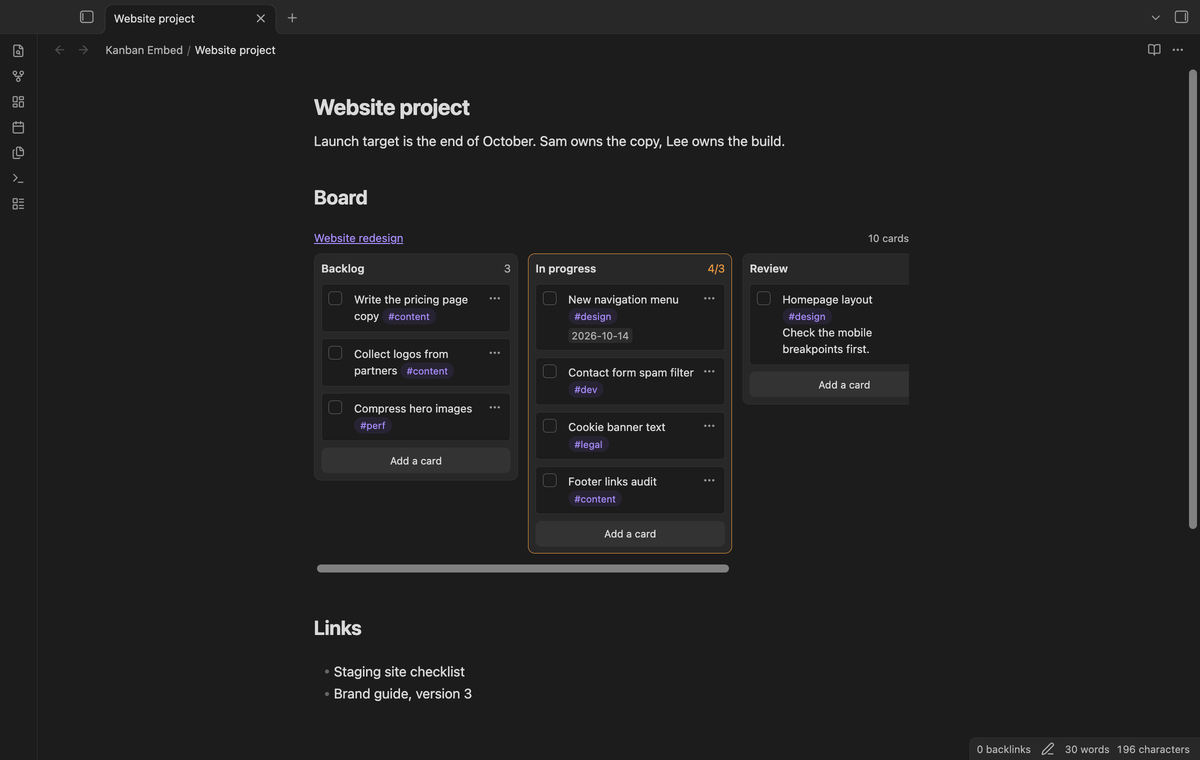 The Website redesign board embedded in a project page, with four lanes and the over-limit lane