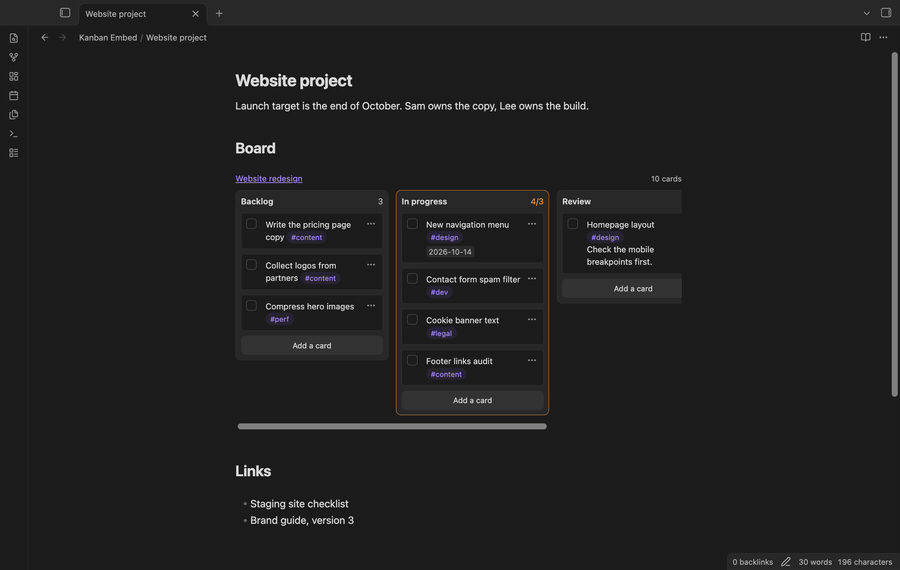 Open the project page, check off a card, then move a card to Review