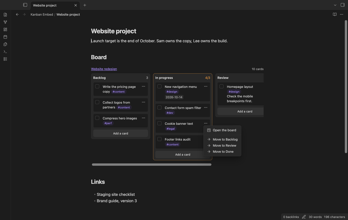The card menu with the Move to items for the other lanes