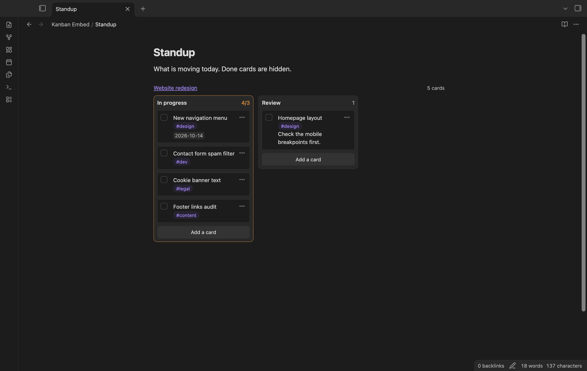 A standup note that shows only the In progress and Review lanes, with done cards hidden