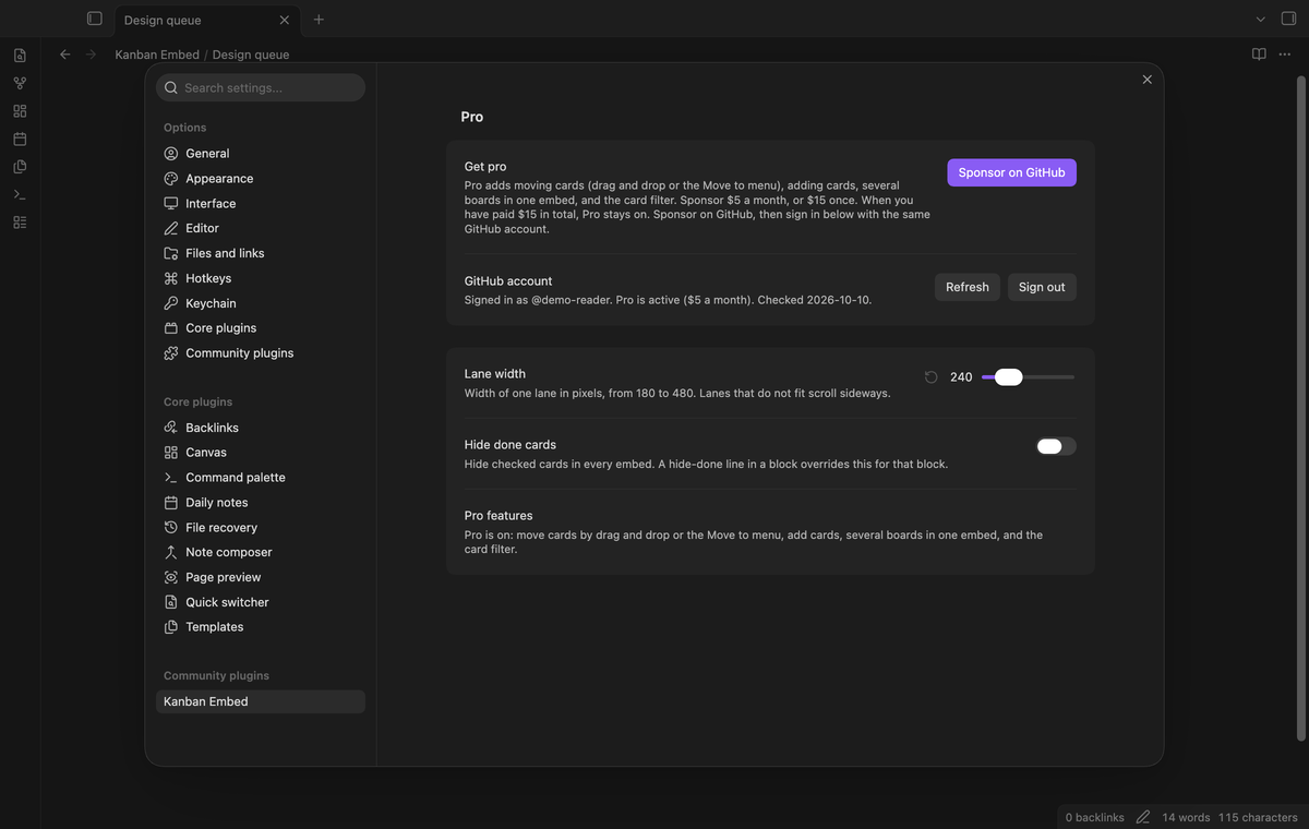 The settings tab with the Pro section, lane width and hide done cards