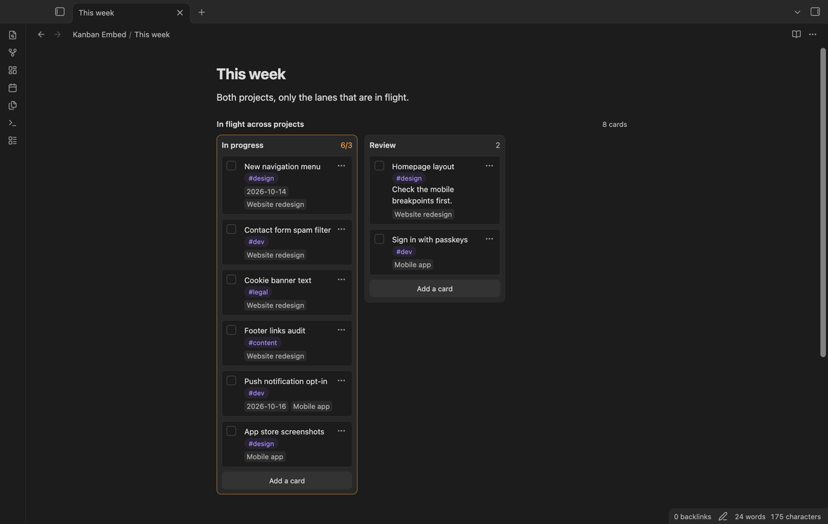 The In progress and Review lanes of two boards merged into one embed