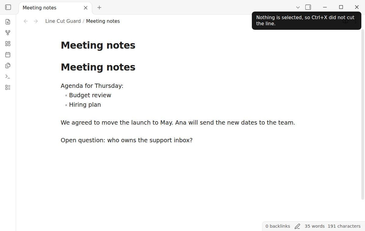 Live Preview with the cursor in a paragraph after Ctrl+X: the paragraph is still there and a notice says that nothing is selected