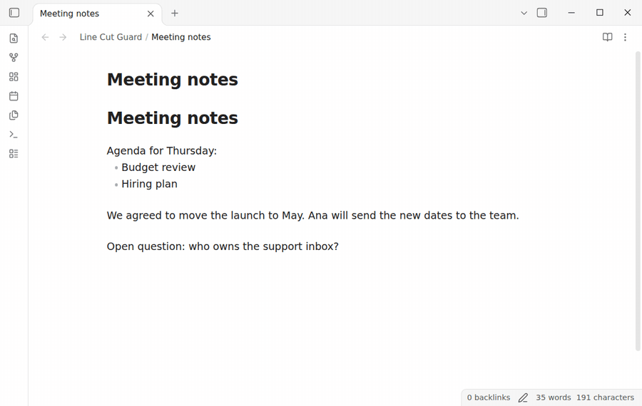 A meeting note in Live Preview: Ctrl+X with the cursor in a paragraph shows a notice and the paragraph stays, then two selected words are cut as usual