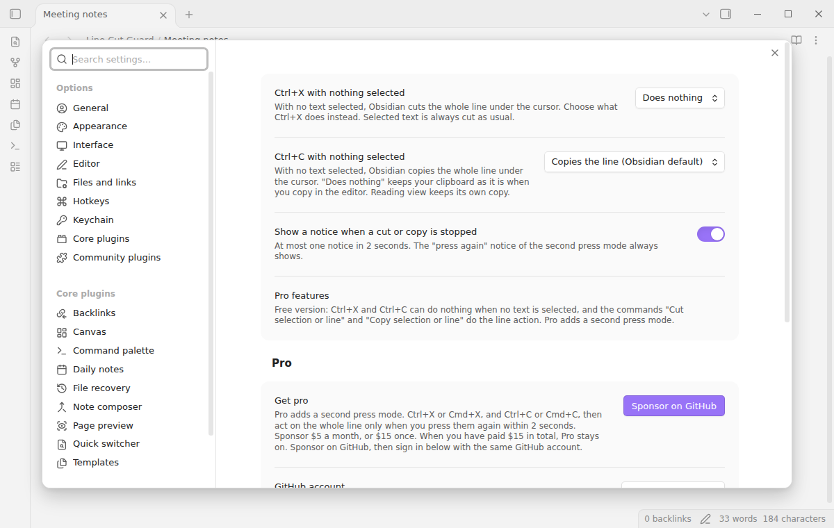 The settings tab with the Ctrl+X and Ctrl+C choices, the notice toggle and the Pro section below them