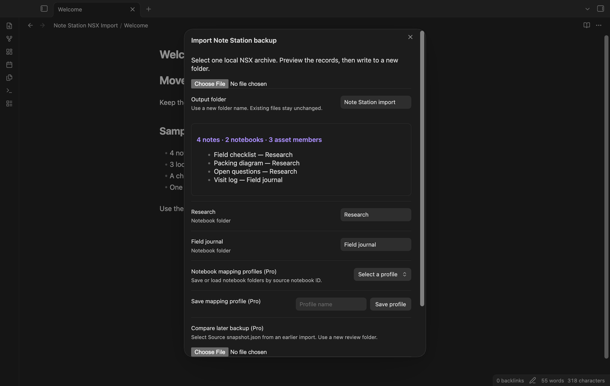 Backup preview with note titles and notebook counts