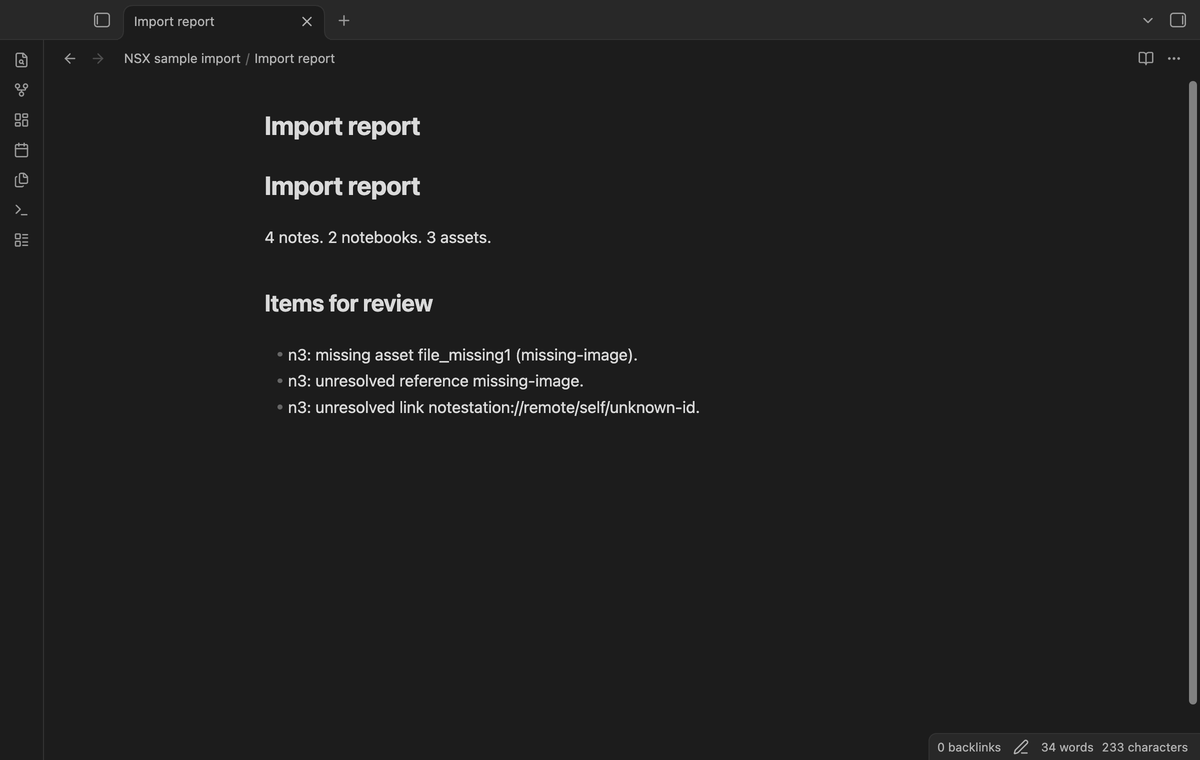 Import report with missing assets and unresolved links