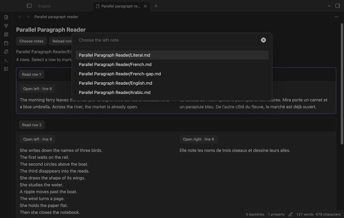 The Markdown note picker above a sample pair