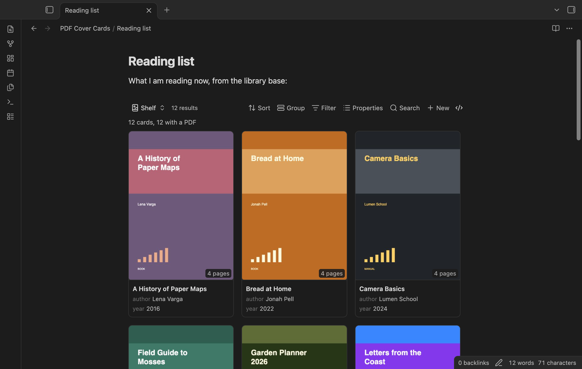 The card layout embedded in a reading list note
