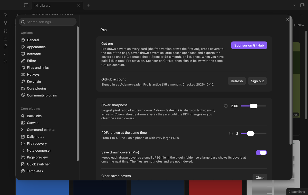 The plugin settings with the Pro section, cover sharpness, parallel drawing and saved covers
