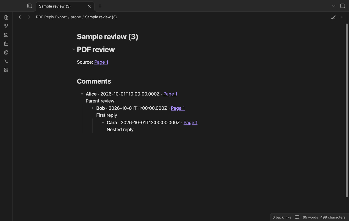 The new review note with nested replies and source page links