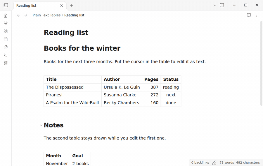 A note in Live Preview: the cursor moves into a reading list table, the table shows as Markdown text, a cell changes, and the table is drawn again when the cursor leaves