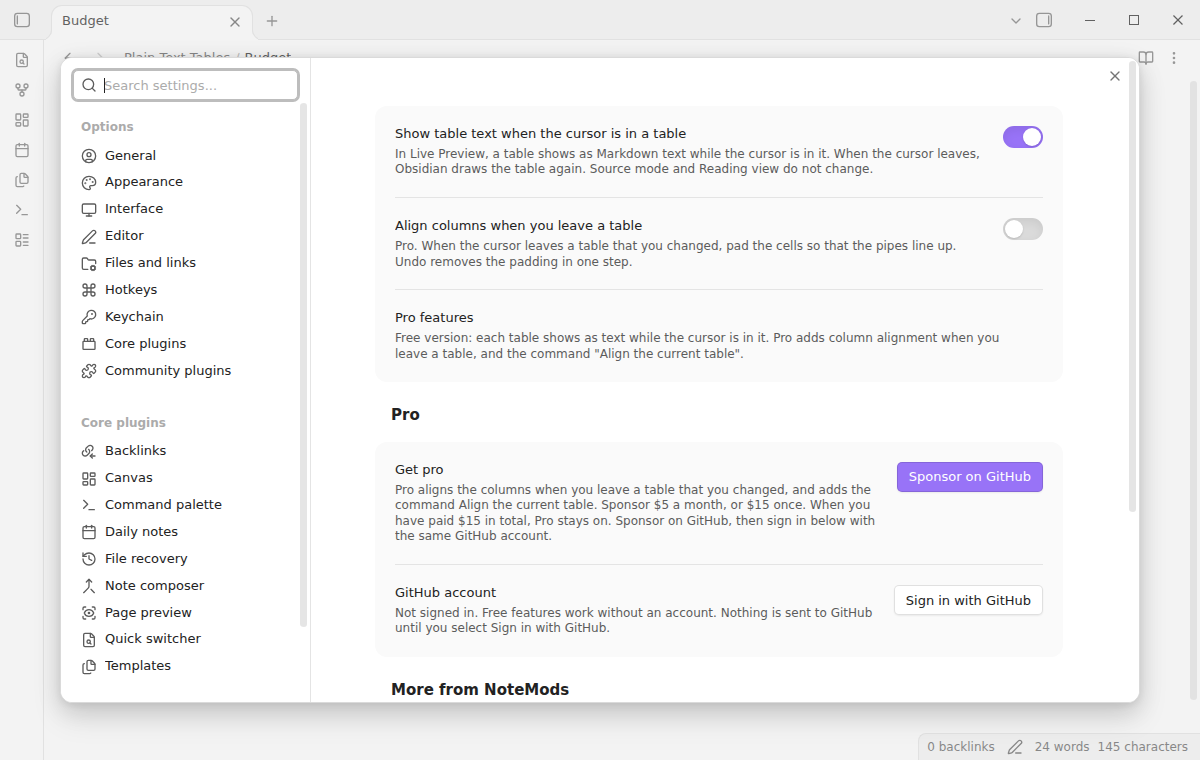 The settings tab with the table text setting, the Pro alignment setting and the Pro section below them