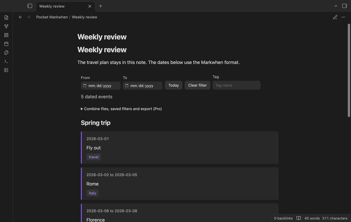 An mw timeline in a weekly review note
