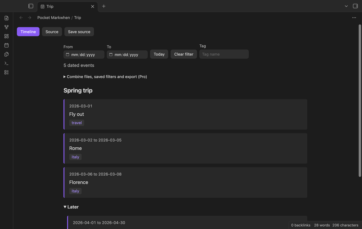 Trip dates, ranges and tags in the timeline