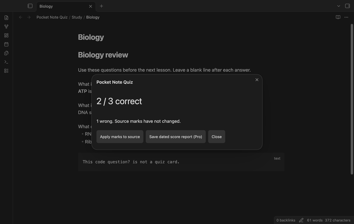 A completed quiz with two correct answers out of three