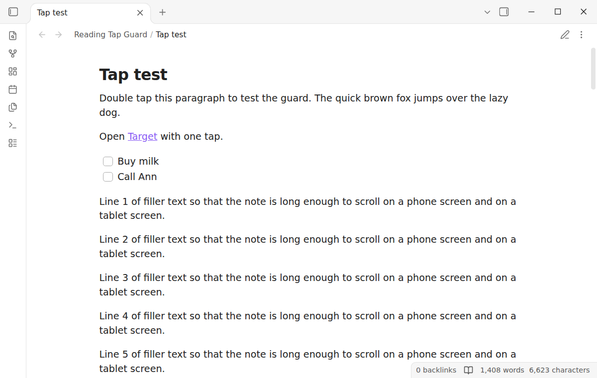 A note in Reading view after a double tap on its first paragraph, still in Reading view