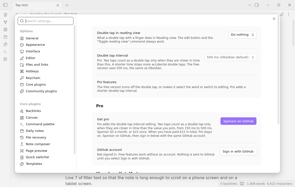 The settings tab with the double tap setting, the Pro interval setting and the Pro section