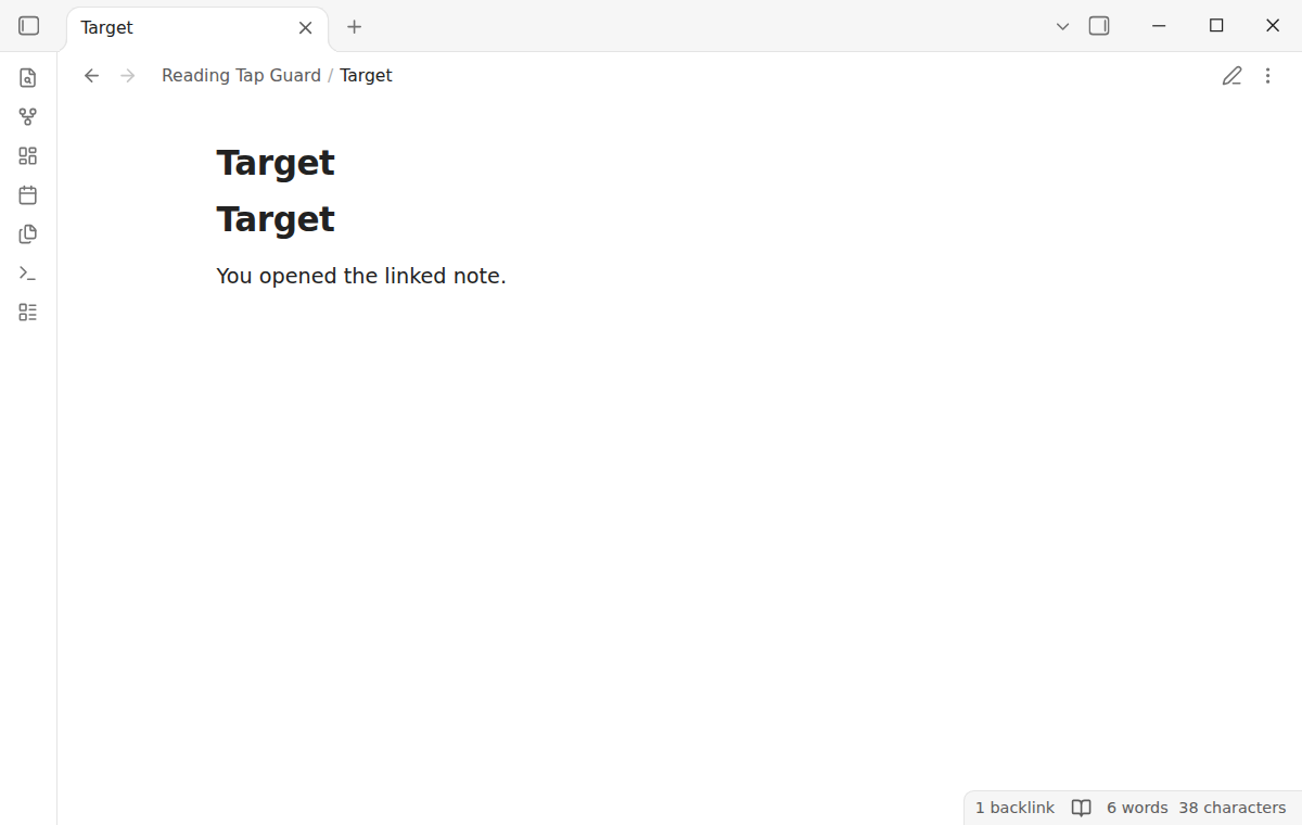 The linked note open after one tap on its link in Reading view
