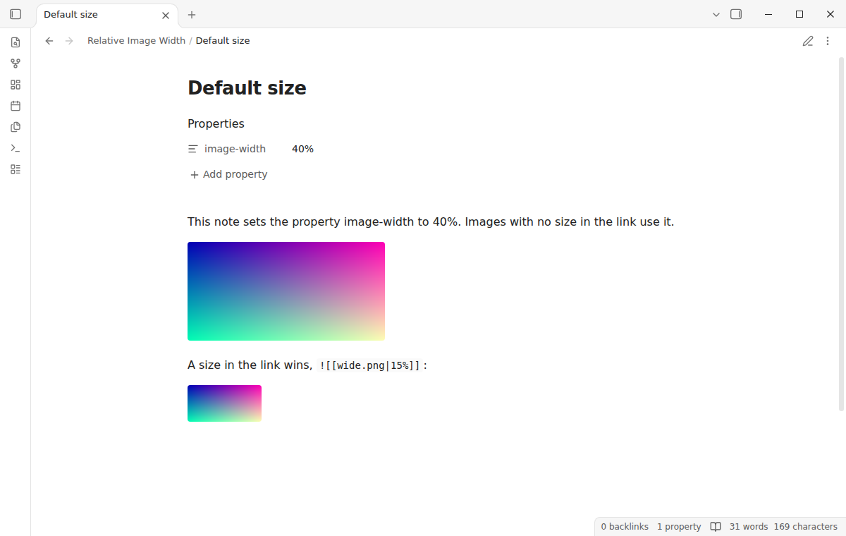 Reading view of a note with the property image-width set to 40 percent: the image without a size shows at 40 percent of the column