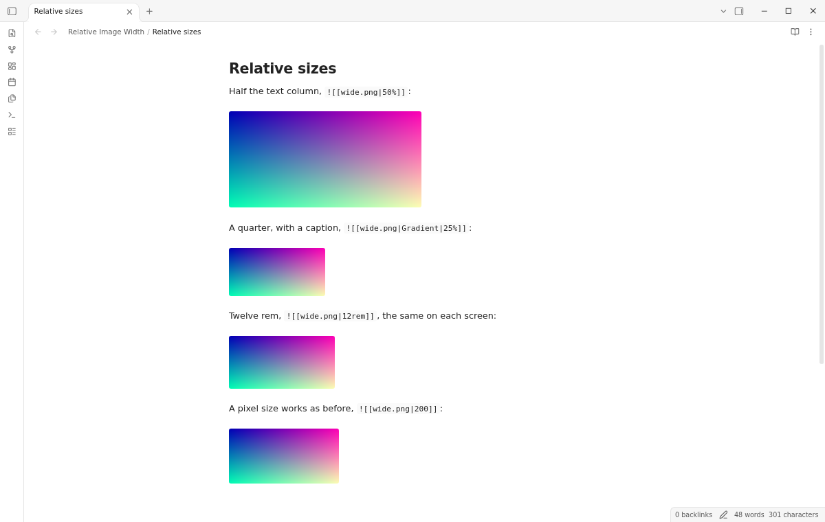 Live Preview with the plugin: images at 50 percent, 25 percent and 12 rem of the column