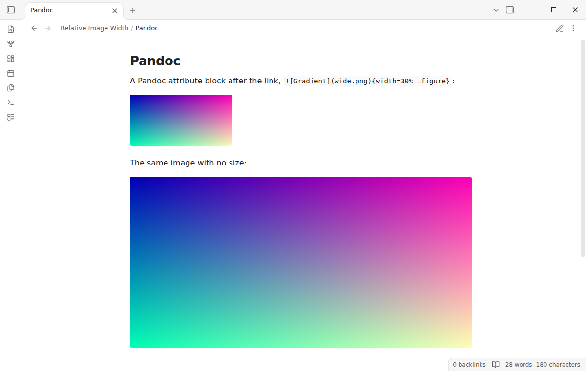 Reading view: an image sized by a Pandoc width of 30 percent, with the attribute block hidden