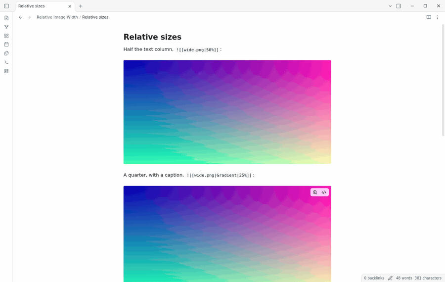 A note with four images: first each image fills the column, then the plugin sizes them at 50 percent, 25 percent, 12 rem and 200 pixels
