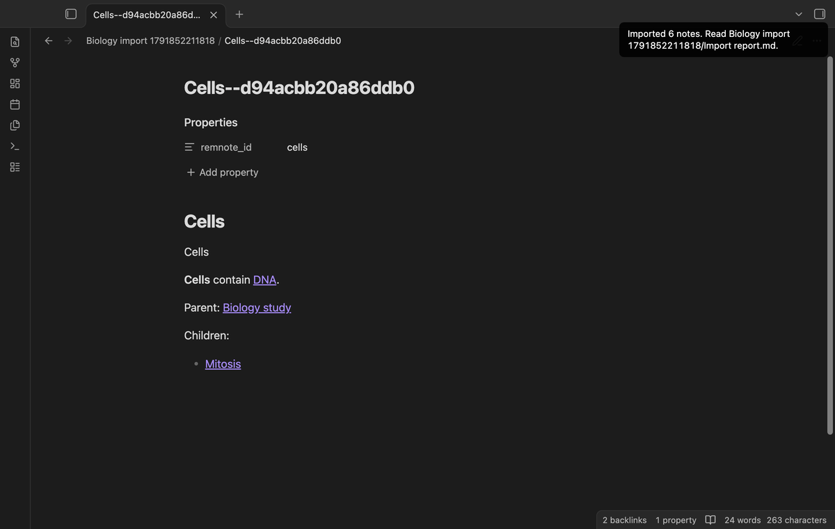 An imported Cells note with parent and reference links