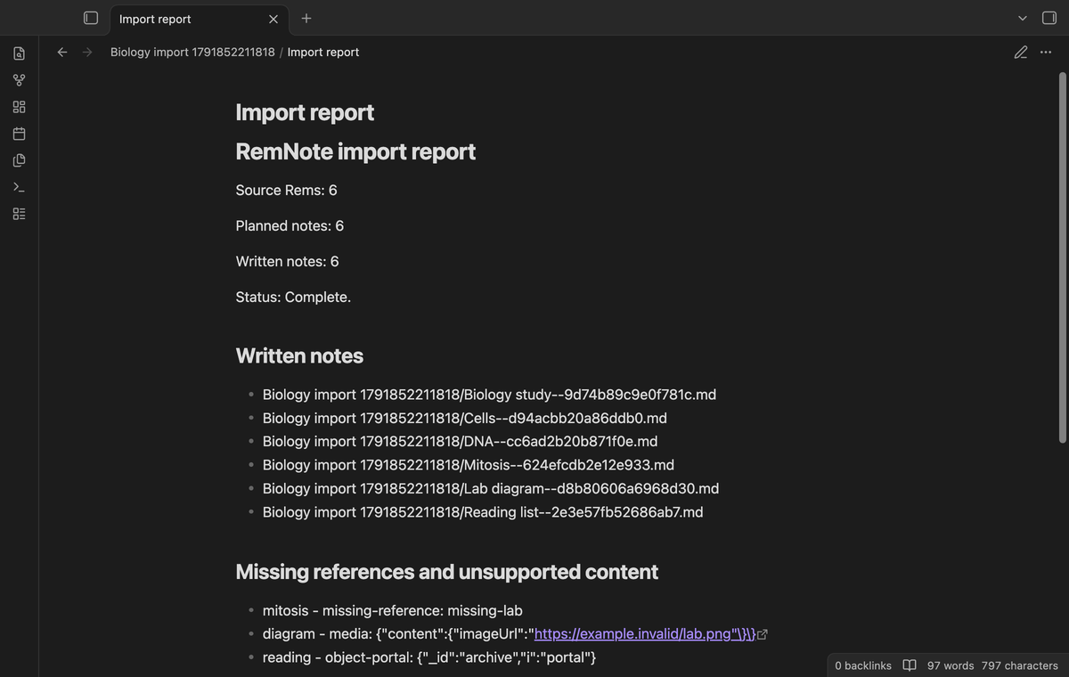 An import report with missing references and unsupported media