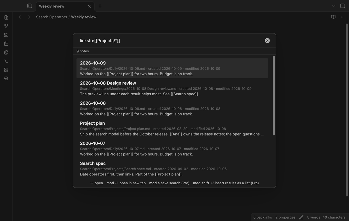 Notes that link to any note in the Projects folder