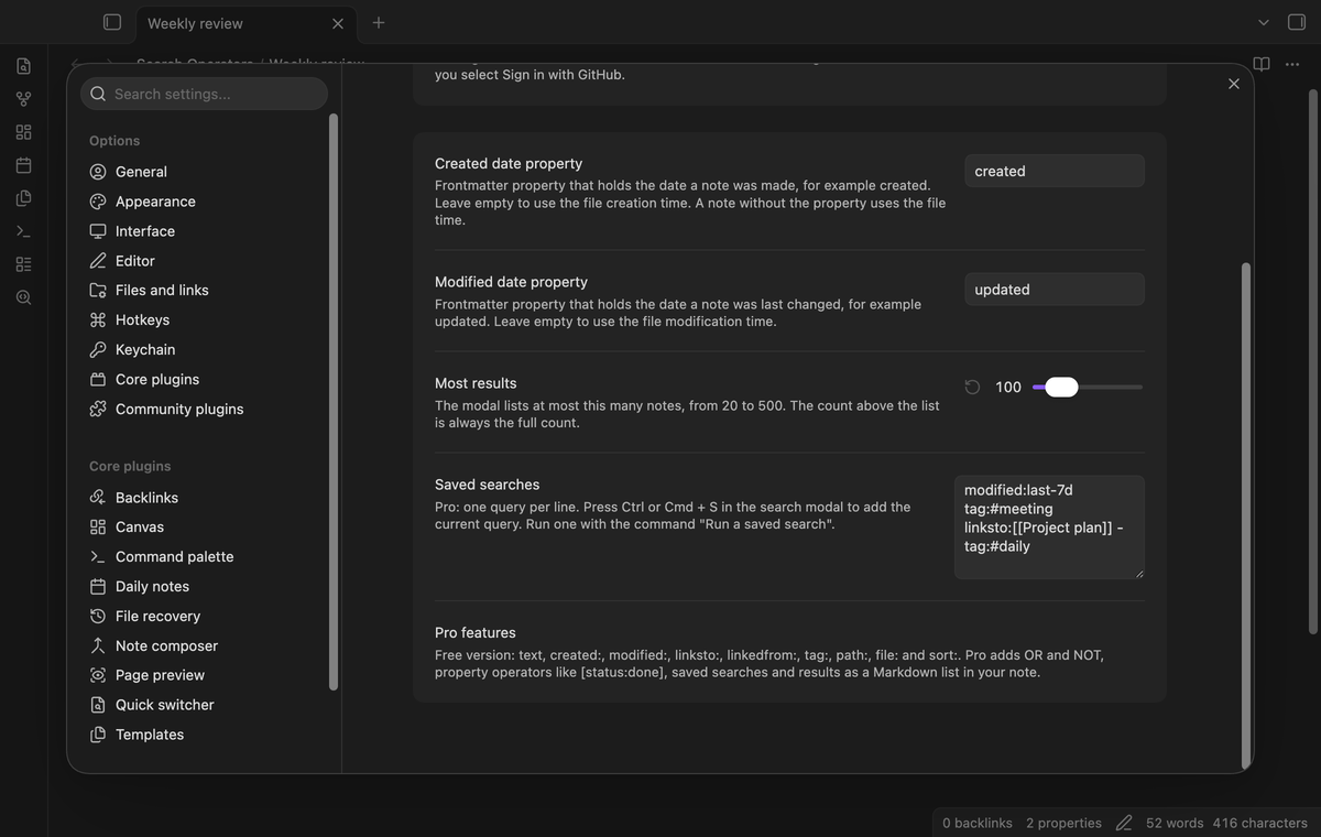 Settings with saved searches