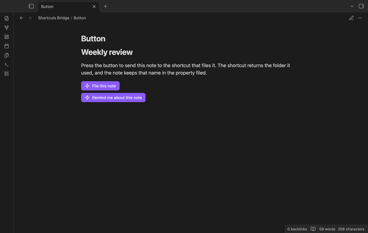 Reading view with two shortcut buttons