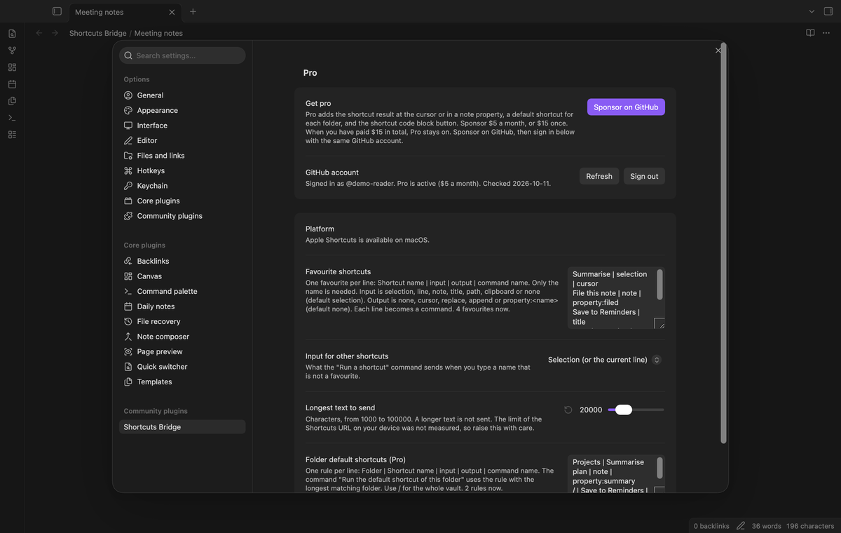 The settings with the list of favourite shortcuts, the platform line and the folder rules