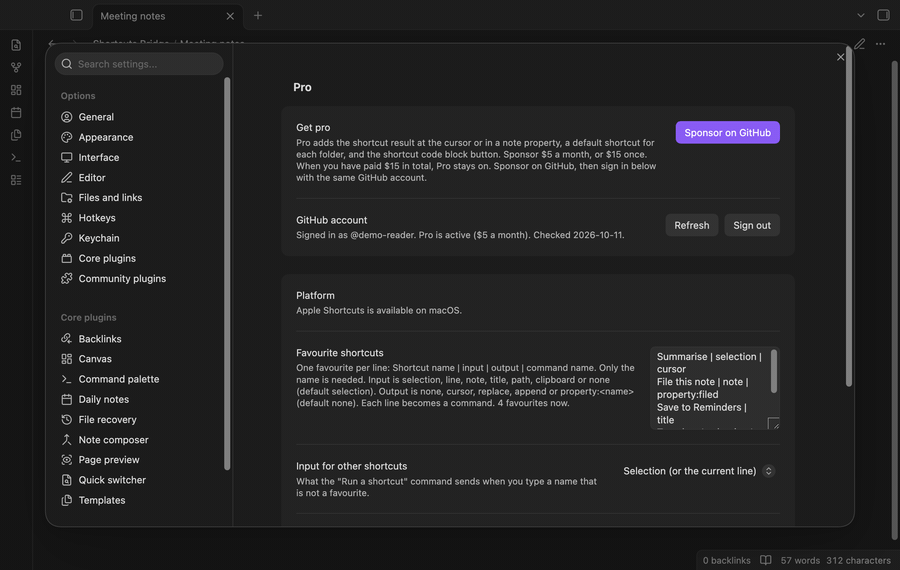 Favourites in the settings, the shortcut picker, the output of a shortcut inserted below a paragraph, and a code block button