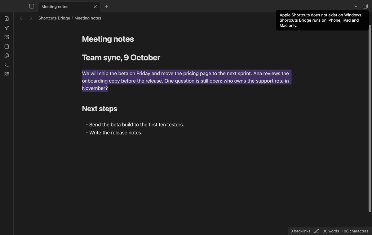 A notice that says Apple Shortcuts does not exist on Windows