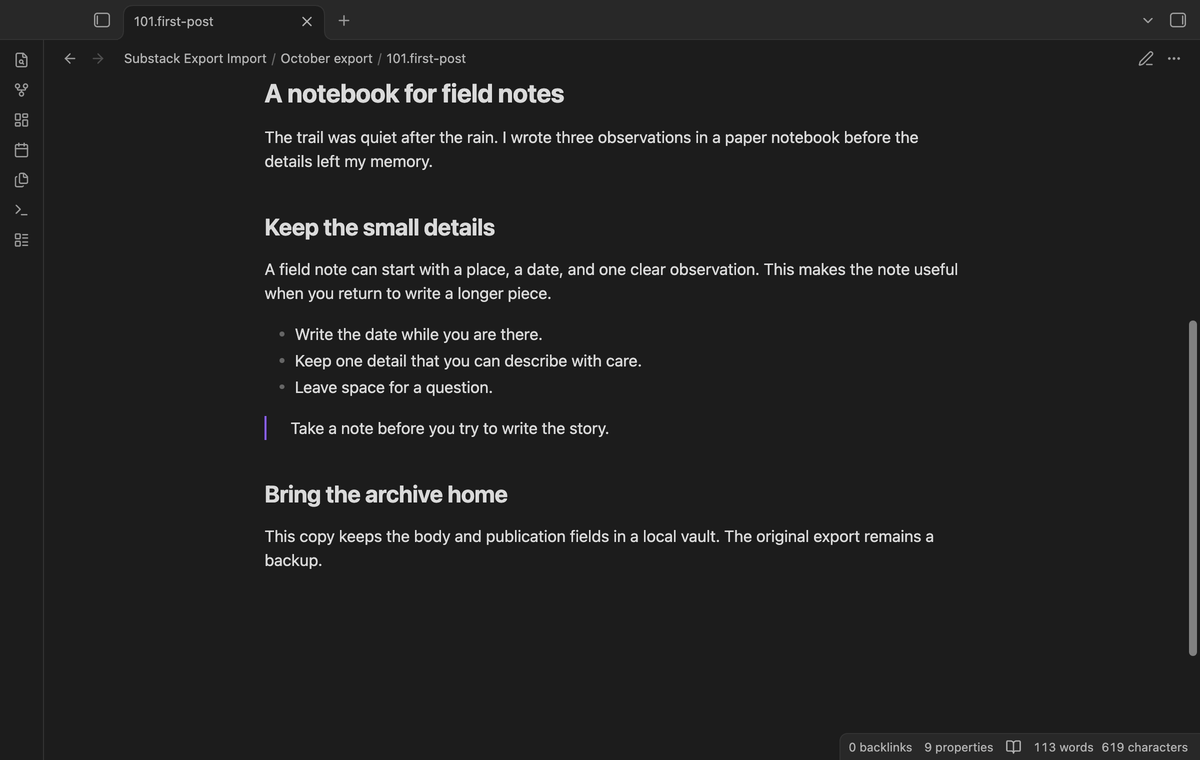 An imported post with a Markdown heading and body text