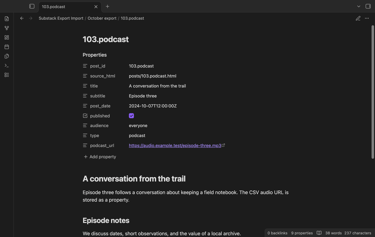A podcast note with its type, publication state, date and audio URL
