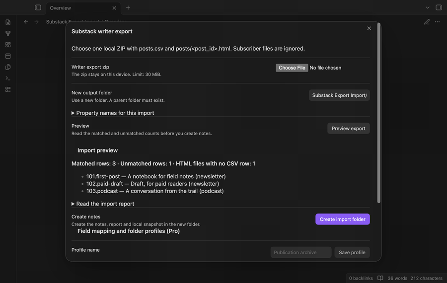 Preview a local writer export, read the report, and open an imported note