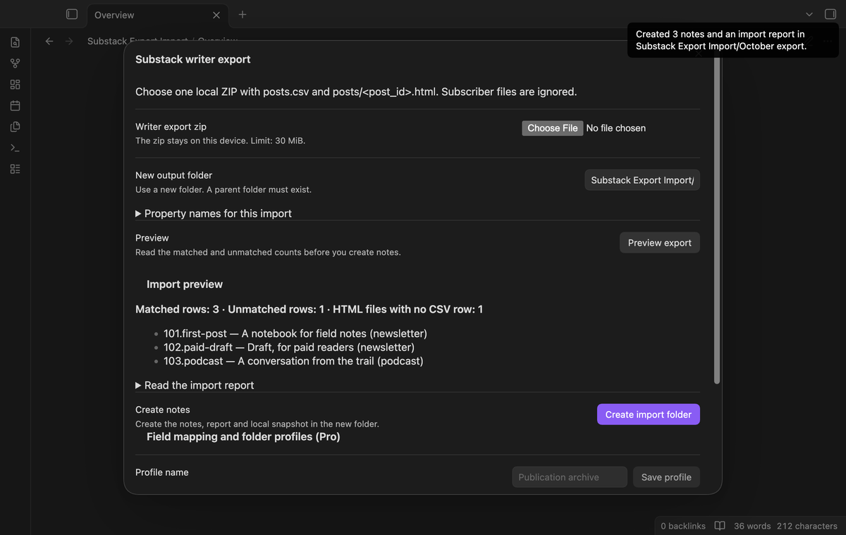 A writer export preview with matched posts and one missing body