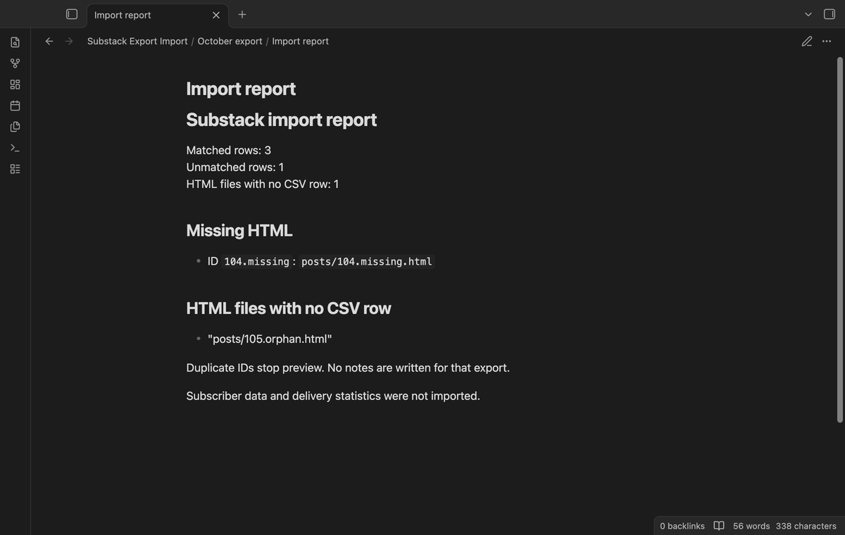 The import report with the missing source ID and HTML path without a CSV row