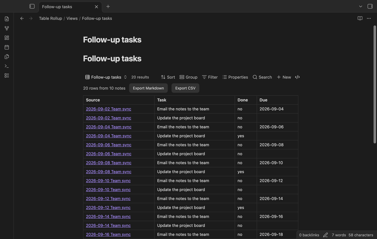 Follow-up tasks from ten meeting notes with done state and due date