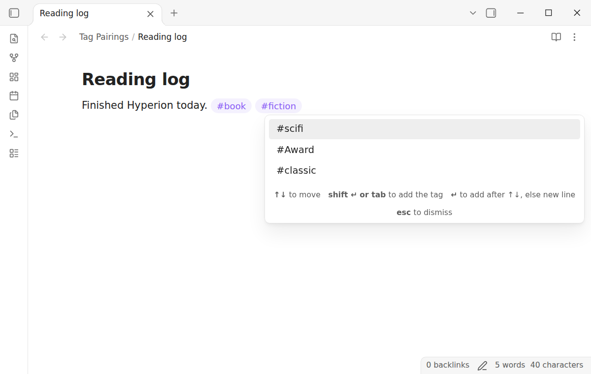 The line now ends with #book #fiction, and the box lists the tags that occur with fiction