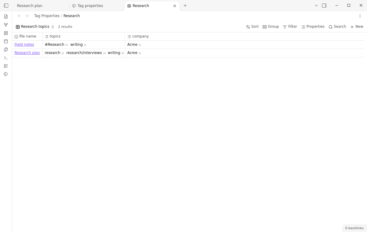 A native Bases table filtered by the custom topics list